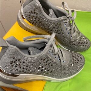 Gray Knit Sneakers with Cushioned Sole and Perforated Design